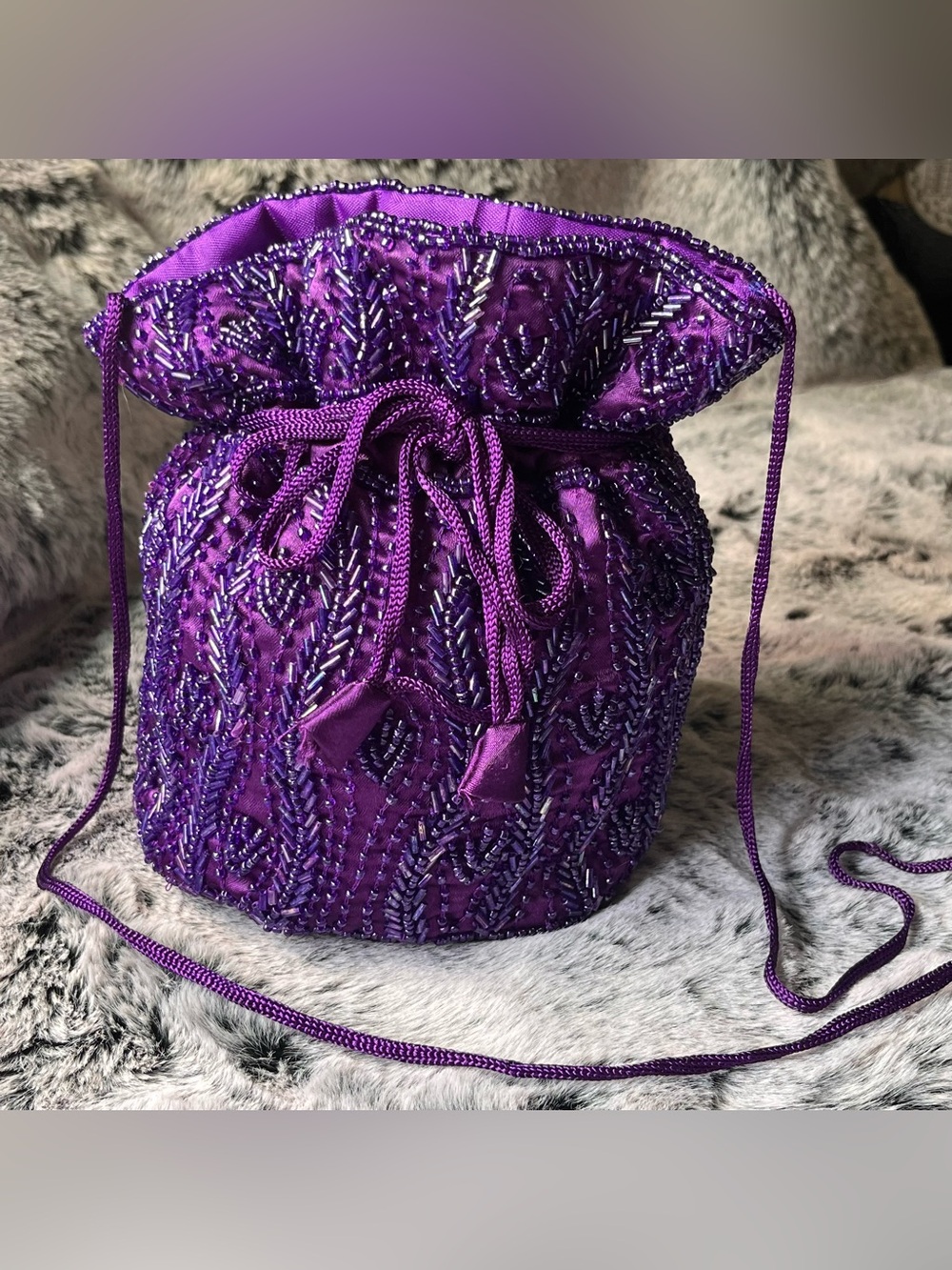 Artisan Purple Glass Beaded Drawstring Bucket Bag, Hand Embellished - Picture 12 of 15